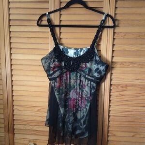 Alberto Makali Black Sheer Silk Floral Print Beaded Adjustable Straps Cami Large